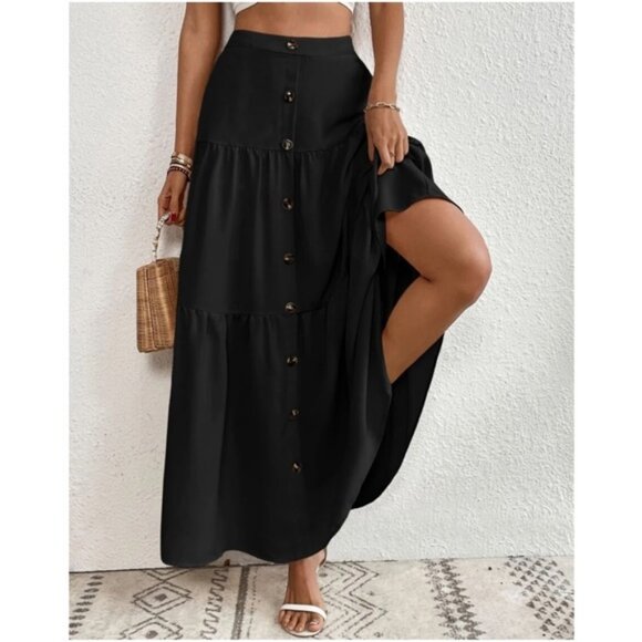 Solid High Waist Button Detail Ruffle Hem Maxi Skirt - Picture 1 of 3